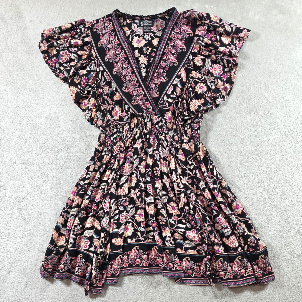 Angie Boho Floral Mini Dress L Coquette Smocked Waist Ruffle Sleeve Black